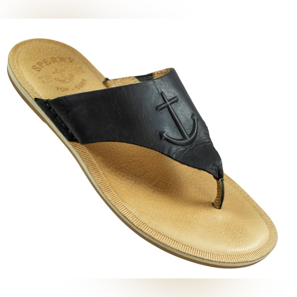 Sperry Seaport Slip-On Thong Black Premium Leather Women's Comfy Sandal Size 9